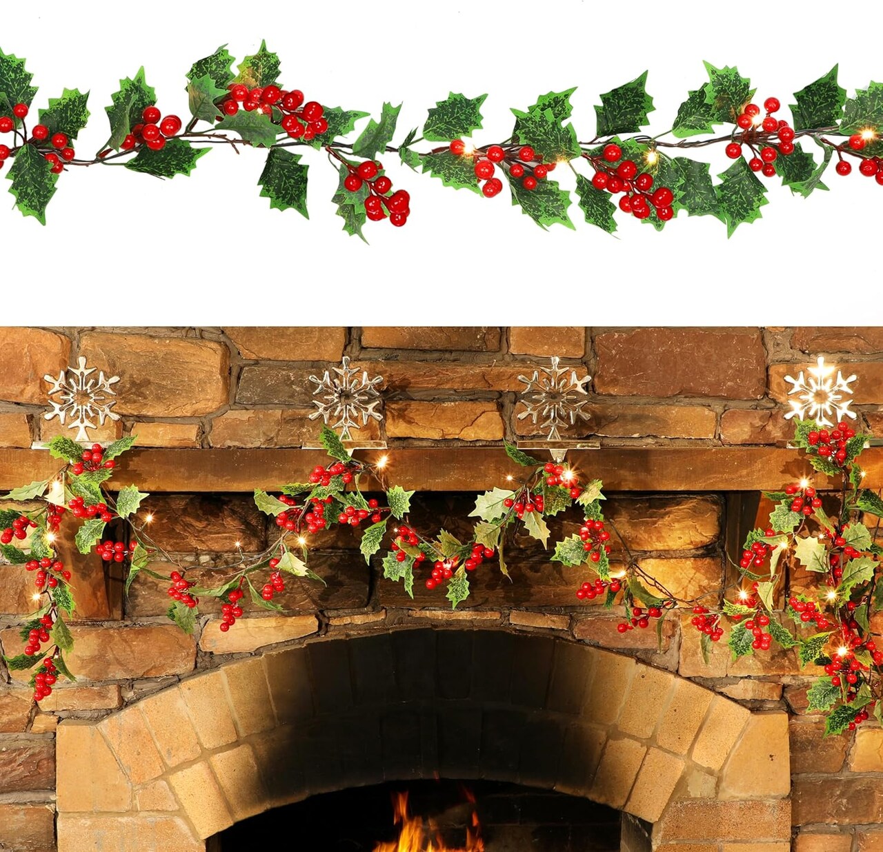9 FT Red Berry Christmas Lighted Garland, Battery Operated Christmas Garland with Lights, Flexible Artificial Pre Lit Garland for Indoor Fireplace Christmas Holiday New Year Decoration, 2 Pack